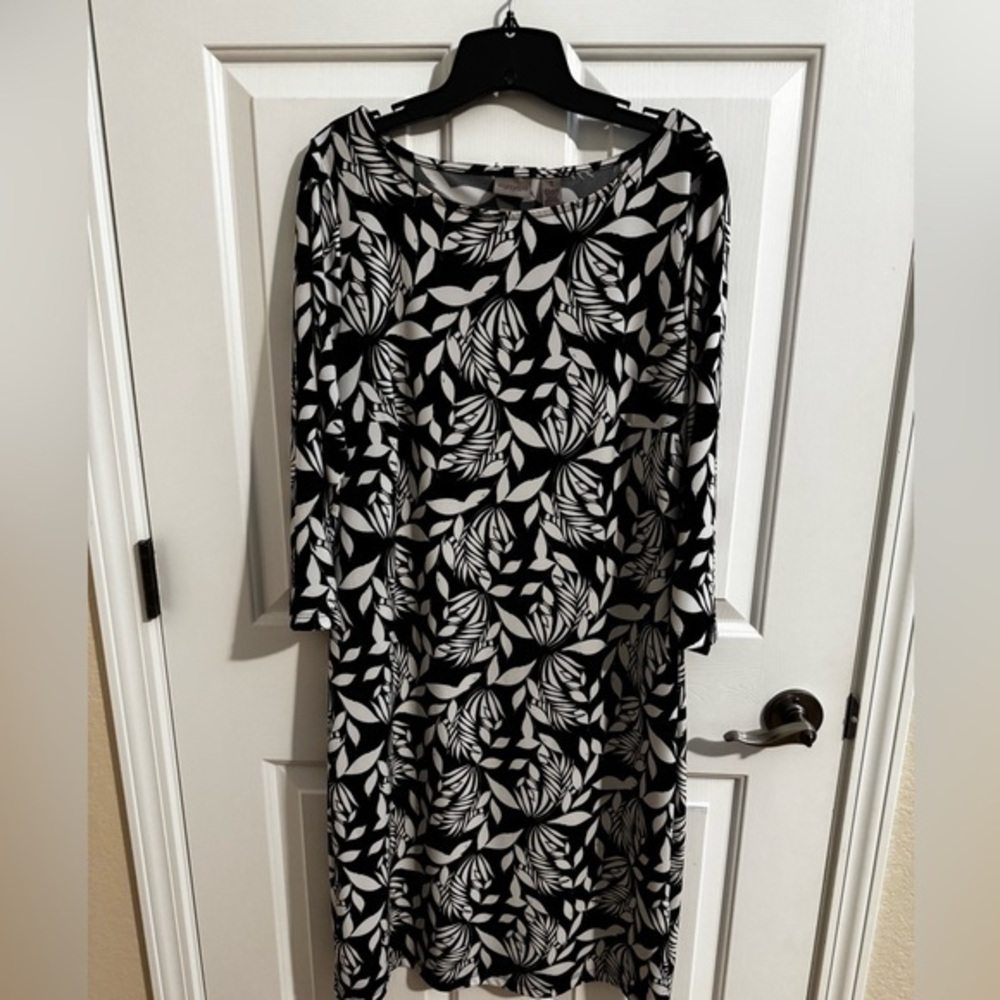 Chico's Easywear Black White Leaf Print Dress 3/4 Sleeves Size 1, M 8